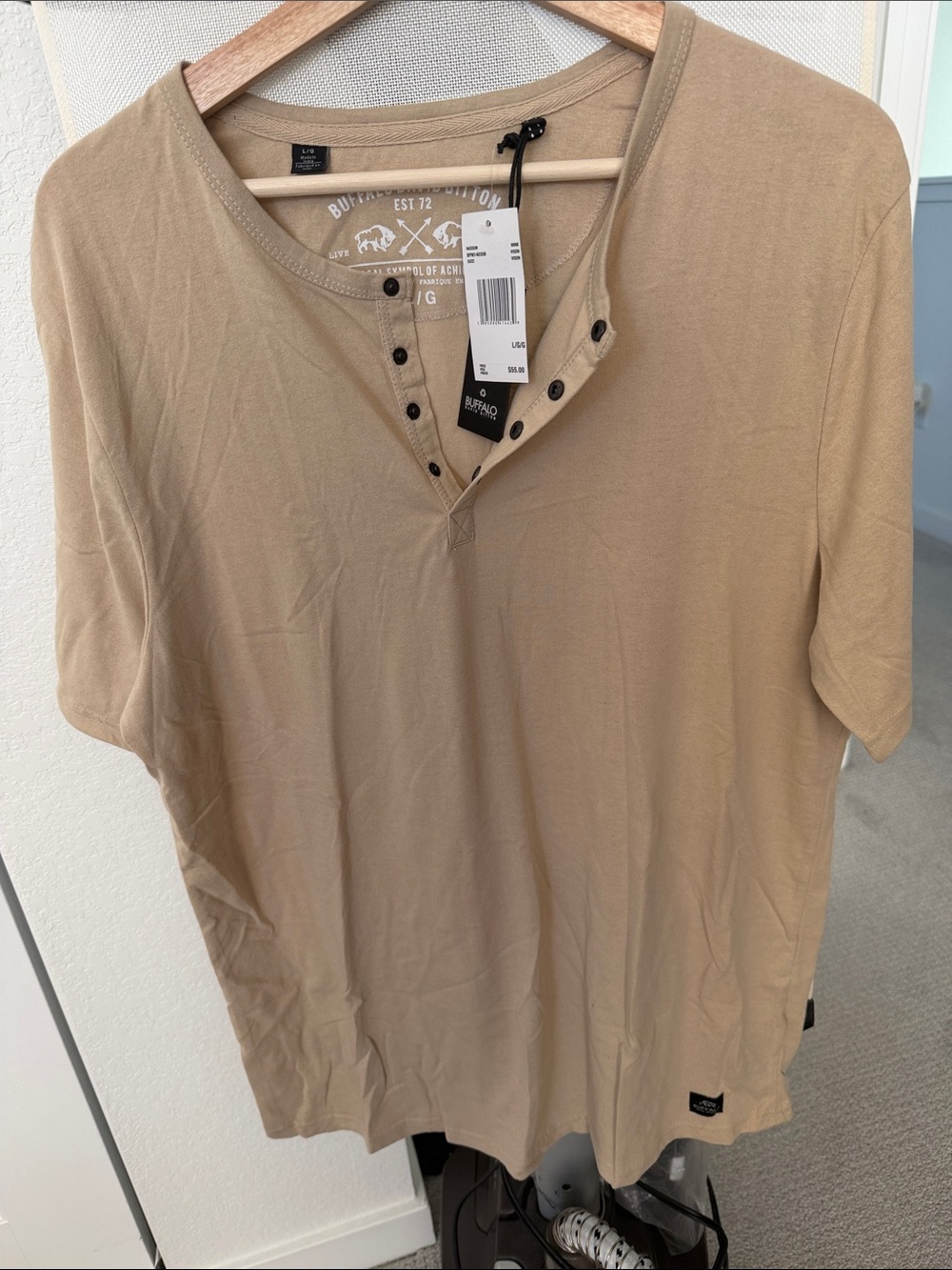 Buffalo David Bitton Tan Short-Sleeve Henley with Black Snap Accents